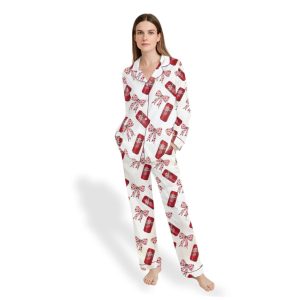 Womens Pink Pepper Drink Coquette Bow Satin Pajama Set 2