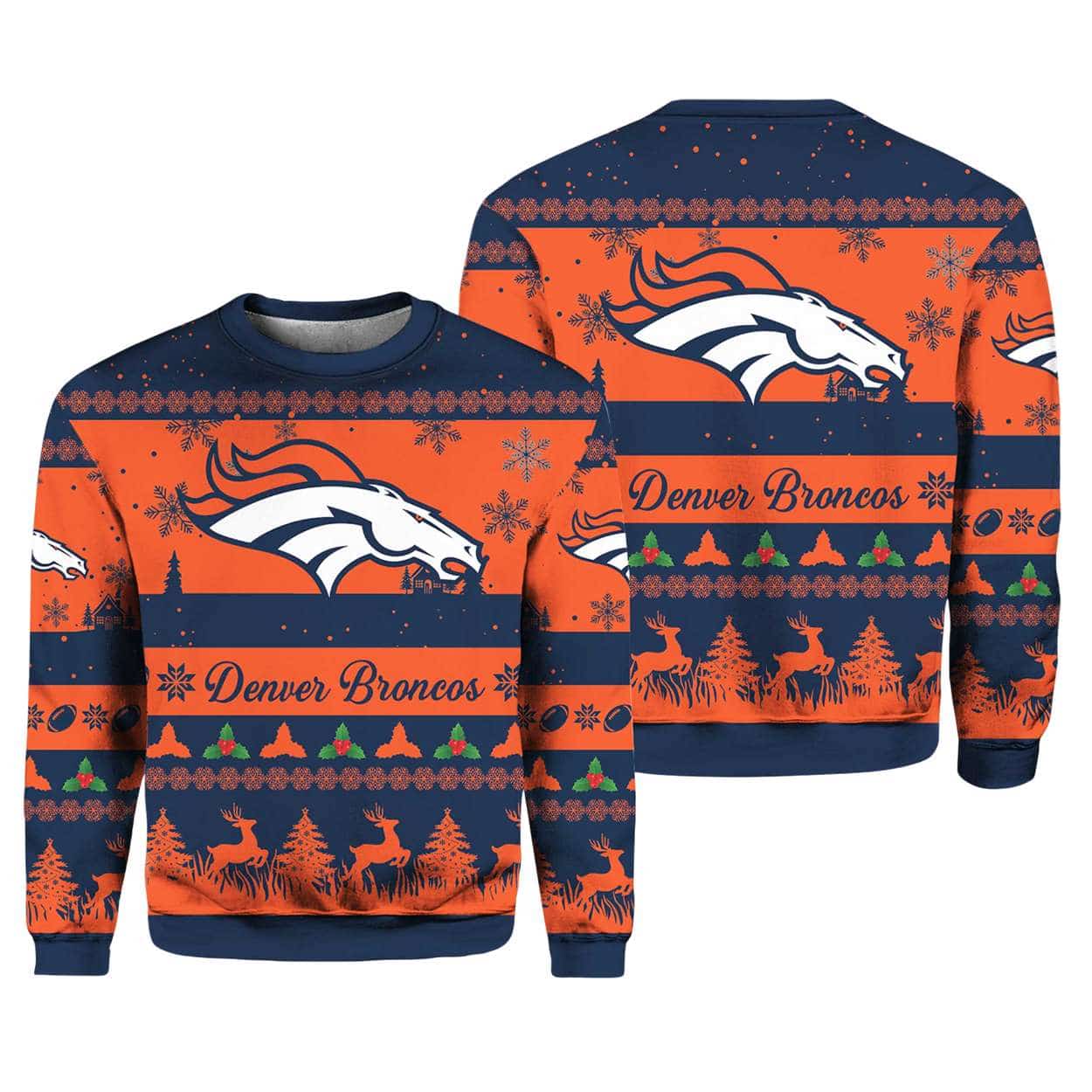 2025 Christmas Broncos Festive Reindeer Tree Ugly Sweater 1 2025 Christmas Broncos Festive Reindeer & Tree Ugly Sweater