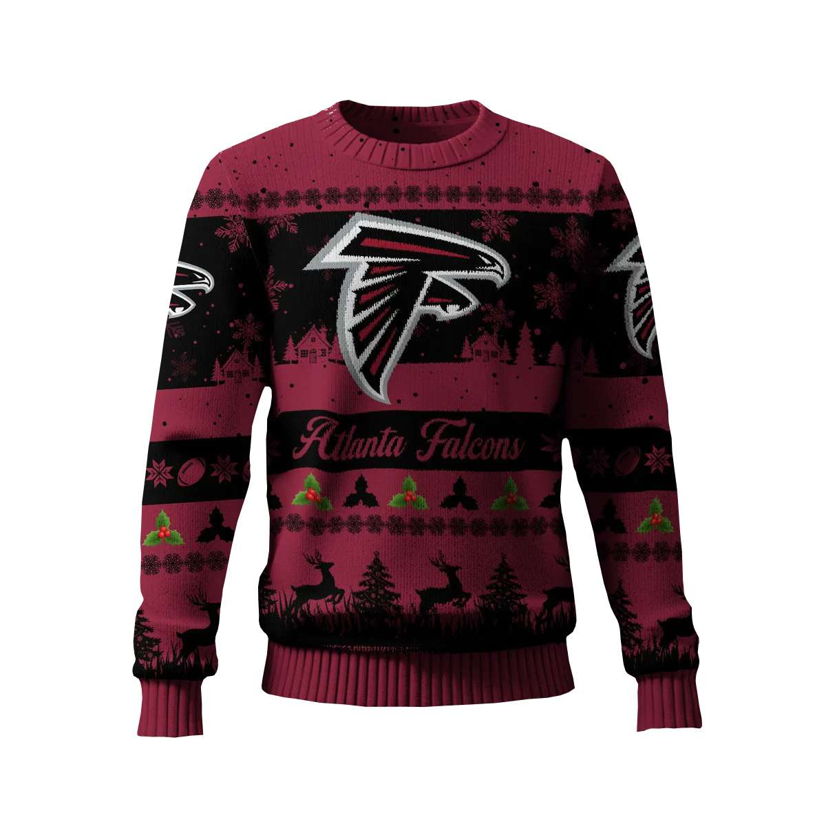 2025 Falcons Reindeer Christmas Tree Pattern Ugly Sweater 2025 Falcons Reindeer Christmas Tree Pattern Ugly Sweater