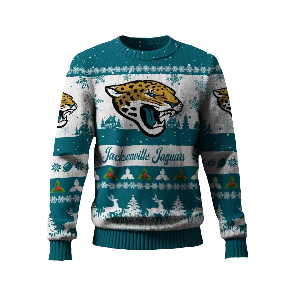2025 Jaguars Reindeer Christmas Tree Pattern Ugly Sweater 2025 Jaguars Reindeer Christmas Tree Pattern Ugly Sweater