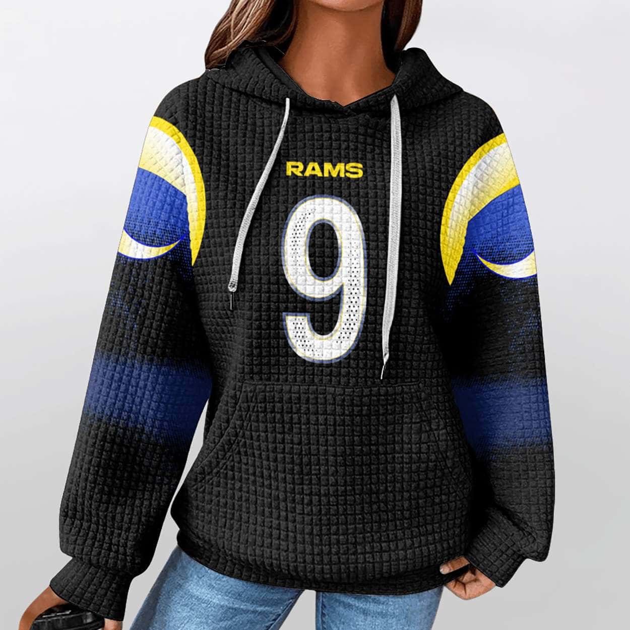 2025 Rams Matthew Stafford 9 Rivalries Midnight Mode Waffle Hoodie 2 2025 Rams Matthew Stafford 9 Rivalries Midnight Mode Waffle Hoodie