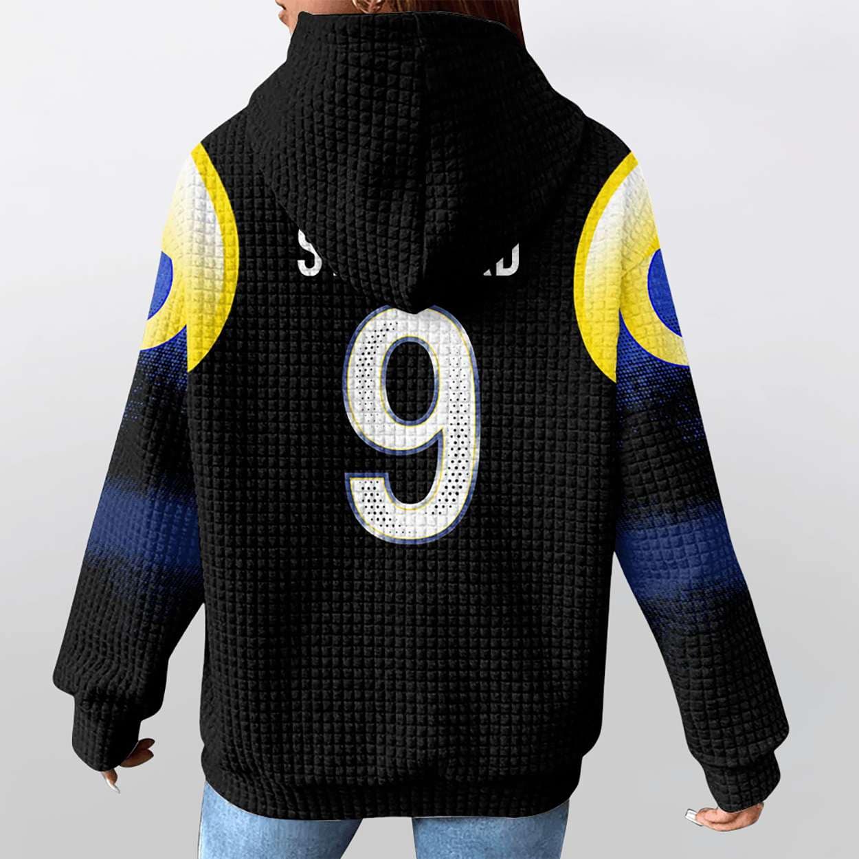 2025 Rams Matthew Stafford 9 Rivalries Midnight Mode Waffle Hoodie 2025 Rams Matthew Stafford 9 Rivalries Midnight Mode Waffle Hoodie