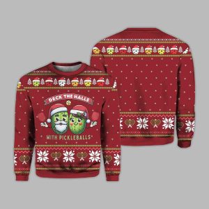 2025 Christmas Deck The Halls With Pickleballs Ugly Christmas Sweater 2