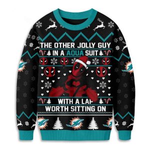Dolphins Deadpool The Other Jolly Guy In A Aqua Suit Christmas Ugly Sweater