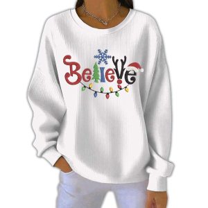 Believe Christmas Print Casual Pit Striped Sweatshirt