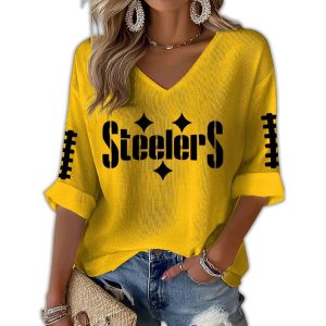 Women's Steelers Football Print Waffle Long Sleeve T Shirt