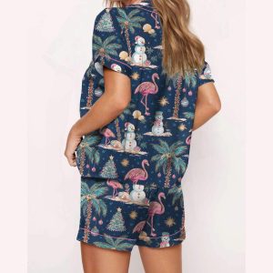Flamingo Christmas Silky Satin Pajama Set1