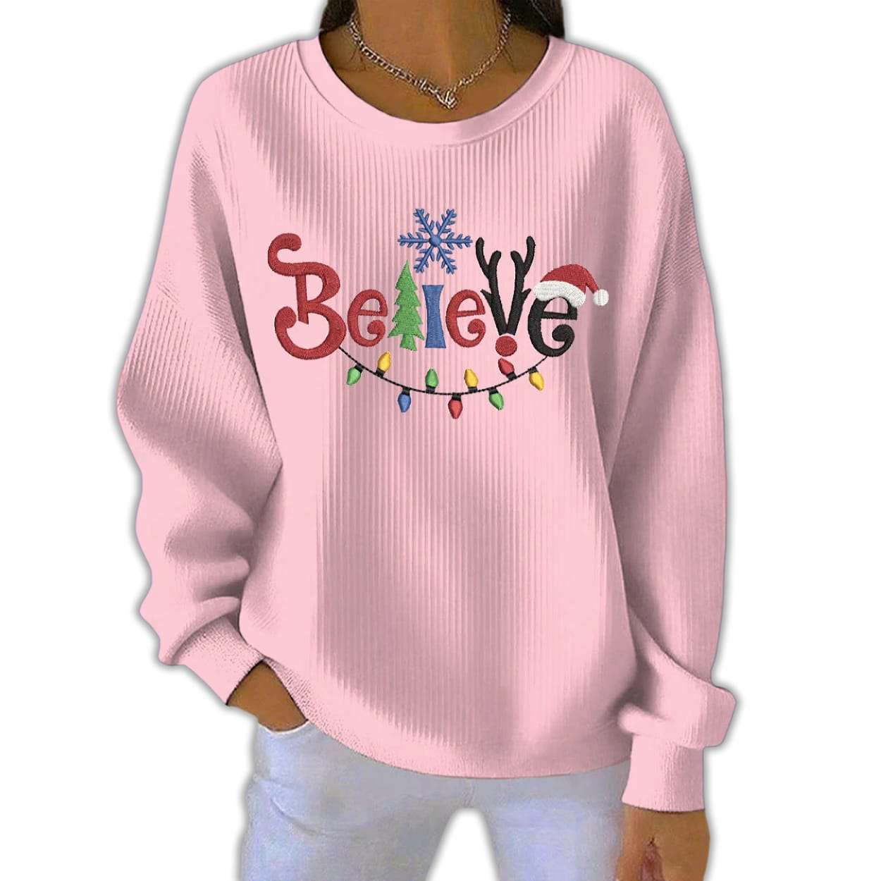 Believe Christmas Print Casual Pit Striped Sweatshirt Believe Christmas Print Casual Pit Striped Sweatshirt