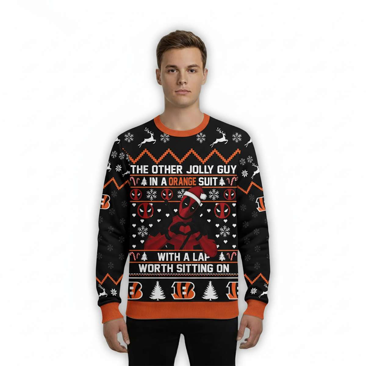 Bengals Deadpool The Other Jolly Guy In A Orange Suit Christmas Ugly Sweater Bengals Deadpool The Other Jolly Guy In A Orange Suit Christmas Ugly Sweater