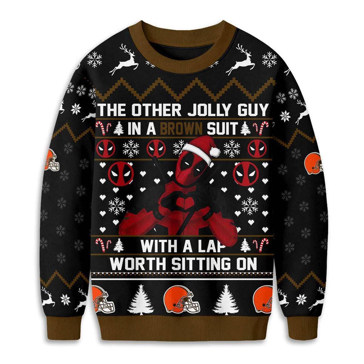 Browns Deadpool The Other Jolly Guy In A Brown Suit Christmas Ugly Sweater Browns Deadpool The Other Jolly Guy In A Brown Suit Christmas Ugly Sweater