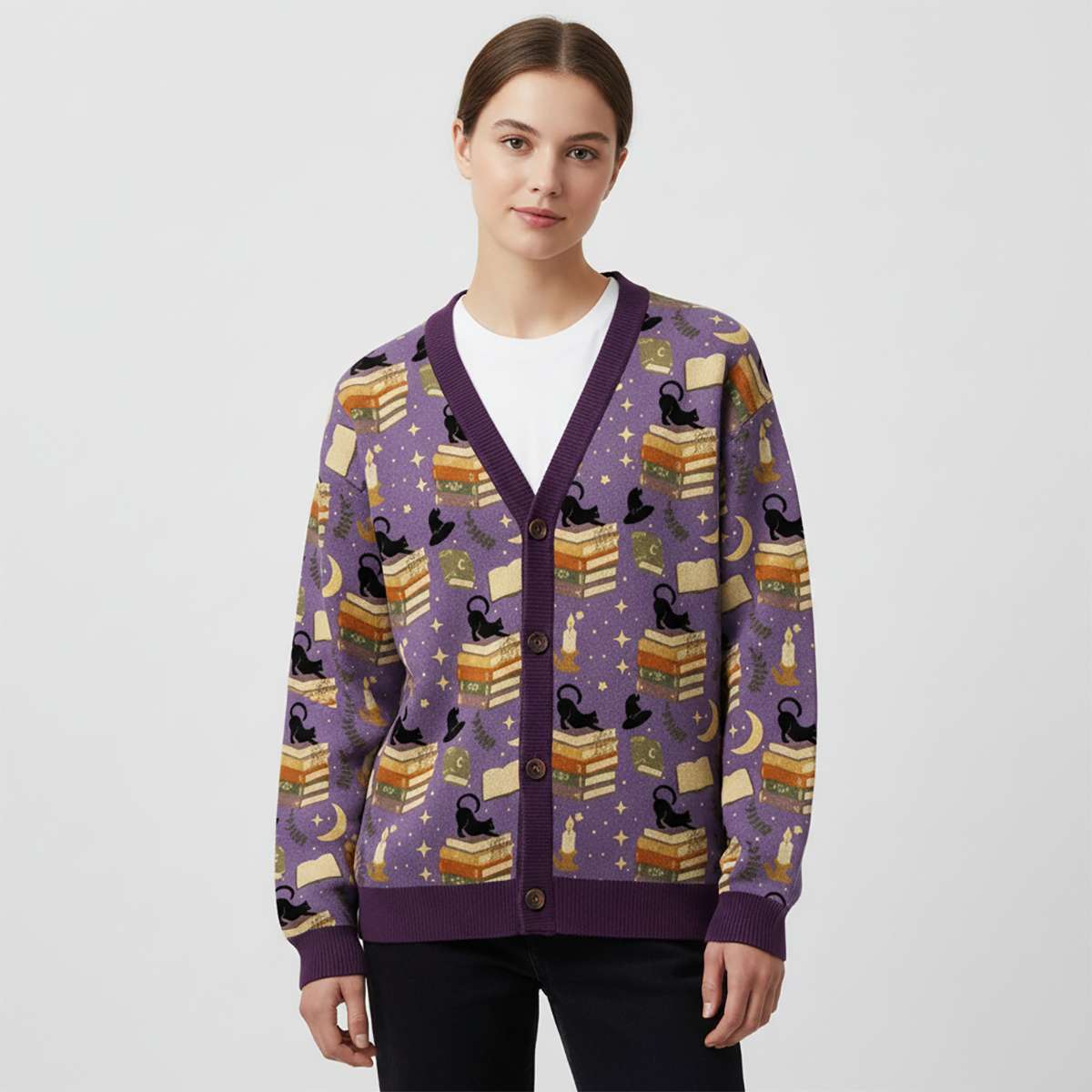 Cozy Autumn Black Cat Reading Unisex Ugly Cardigan Sweaters Cozy Autumn Black Cat Reading Unisex Ugly Cardigan Sweaters