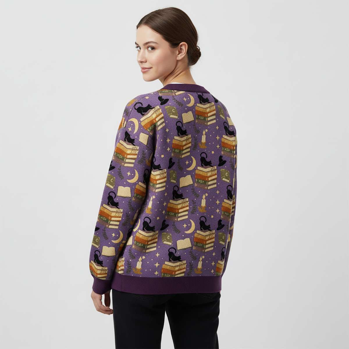 Cozy Autumn Black Cat Reading Unisex Ugly Cardigan Sweaters Cozy Autumn Black Cat Reading Unisex Ugly Cardigan Sweaters