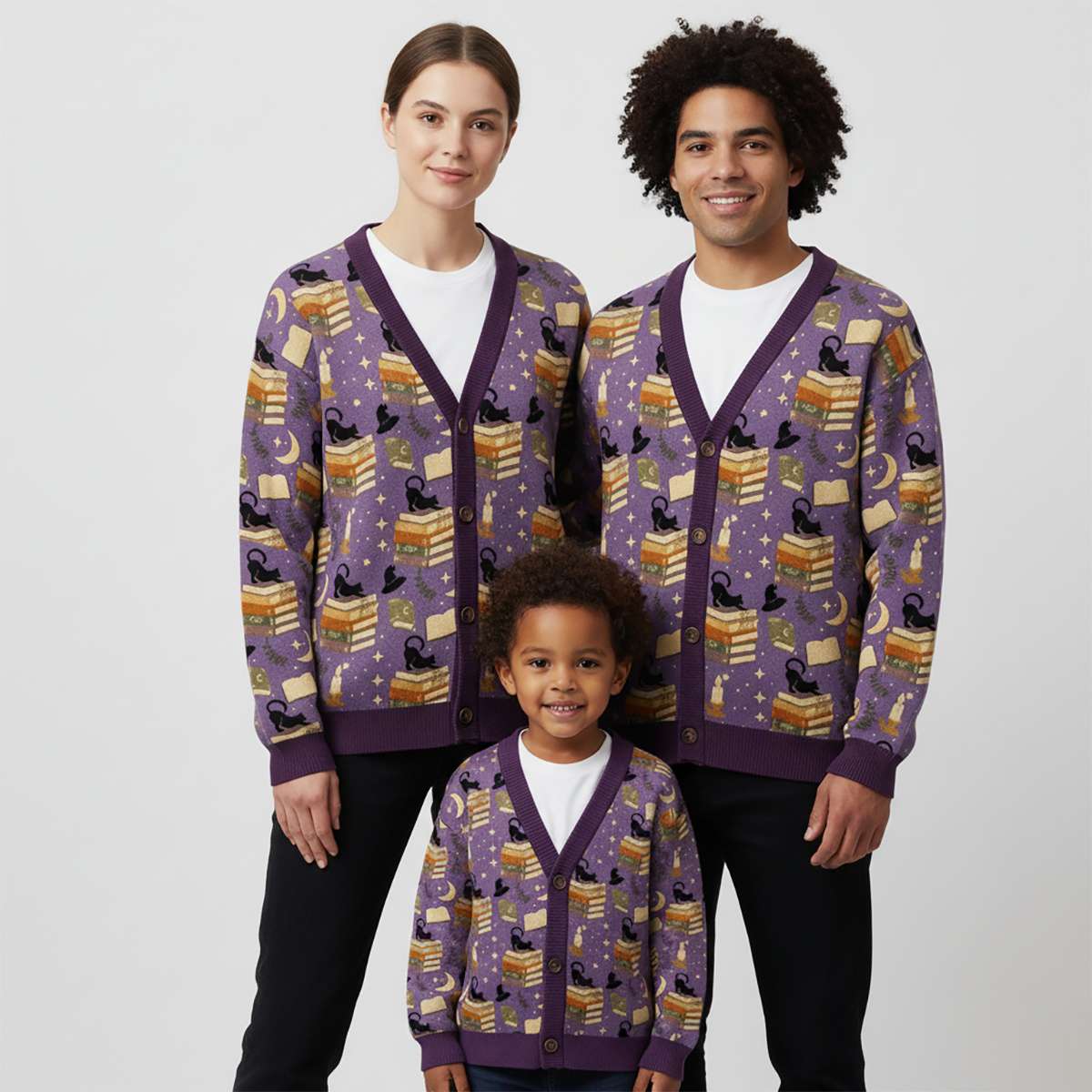 Cozy Autumn Black Cat Reading Unisex Ugly Cardigan Sweaters Cozy Autumn Black Cat Reading Unisex Ugly Cardigan Sweaters