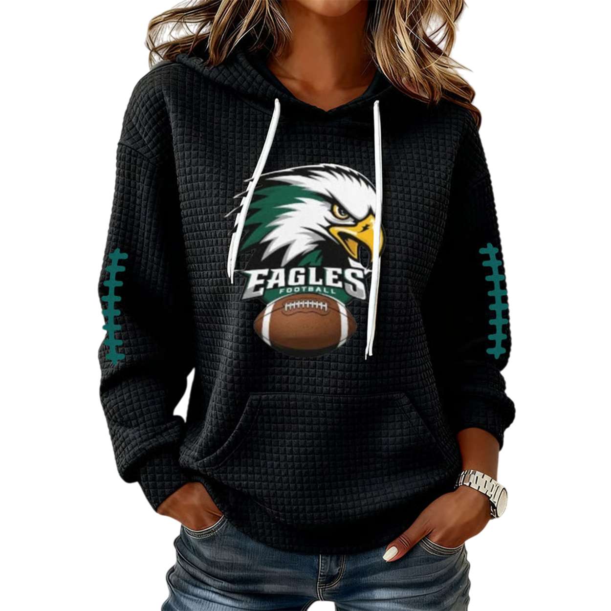 Eagles Football Print Waffle Fabric Hooded Sweatshirt Eagles Football Print Waffle Fabric Hooded Sweatshirt