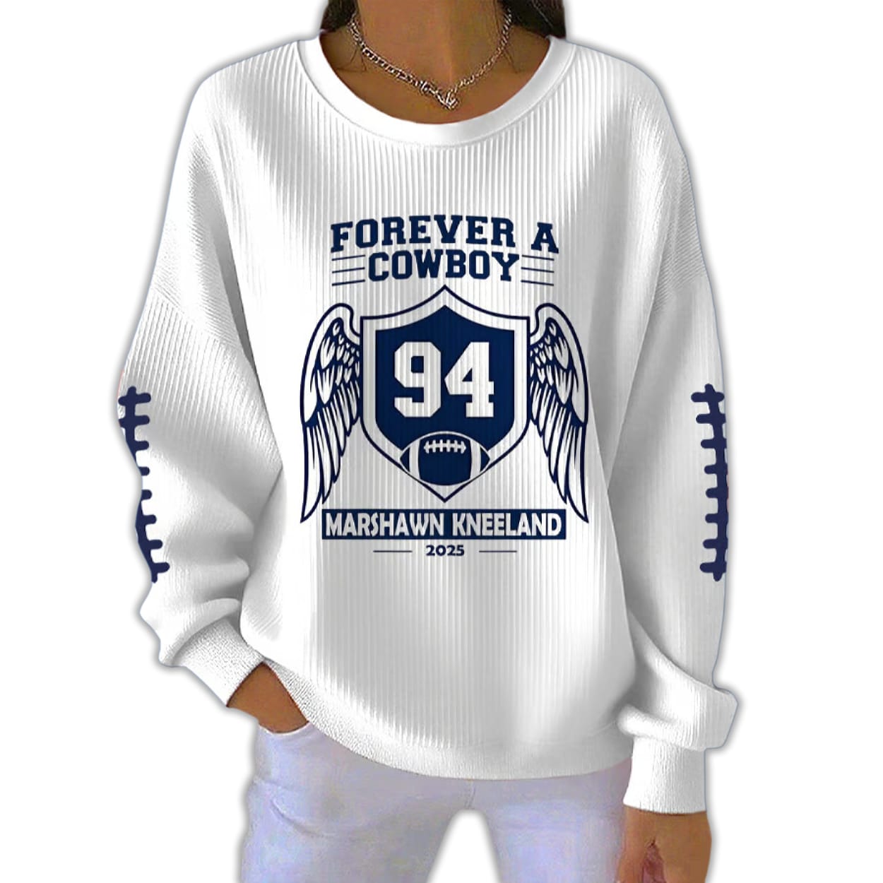 Forever A Cowboy 94 Marshawn Kneeland 2025 Pit Striped Sweatshirt Forever A Cowboy 94 Marshawn Kneeland 2025 Pit Striped Sweatshirt