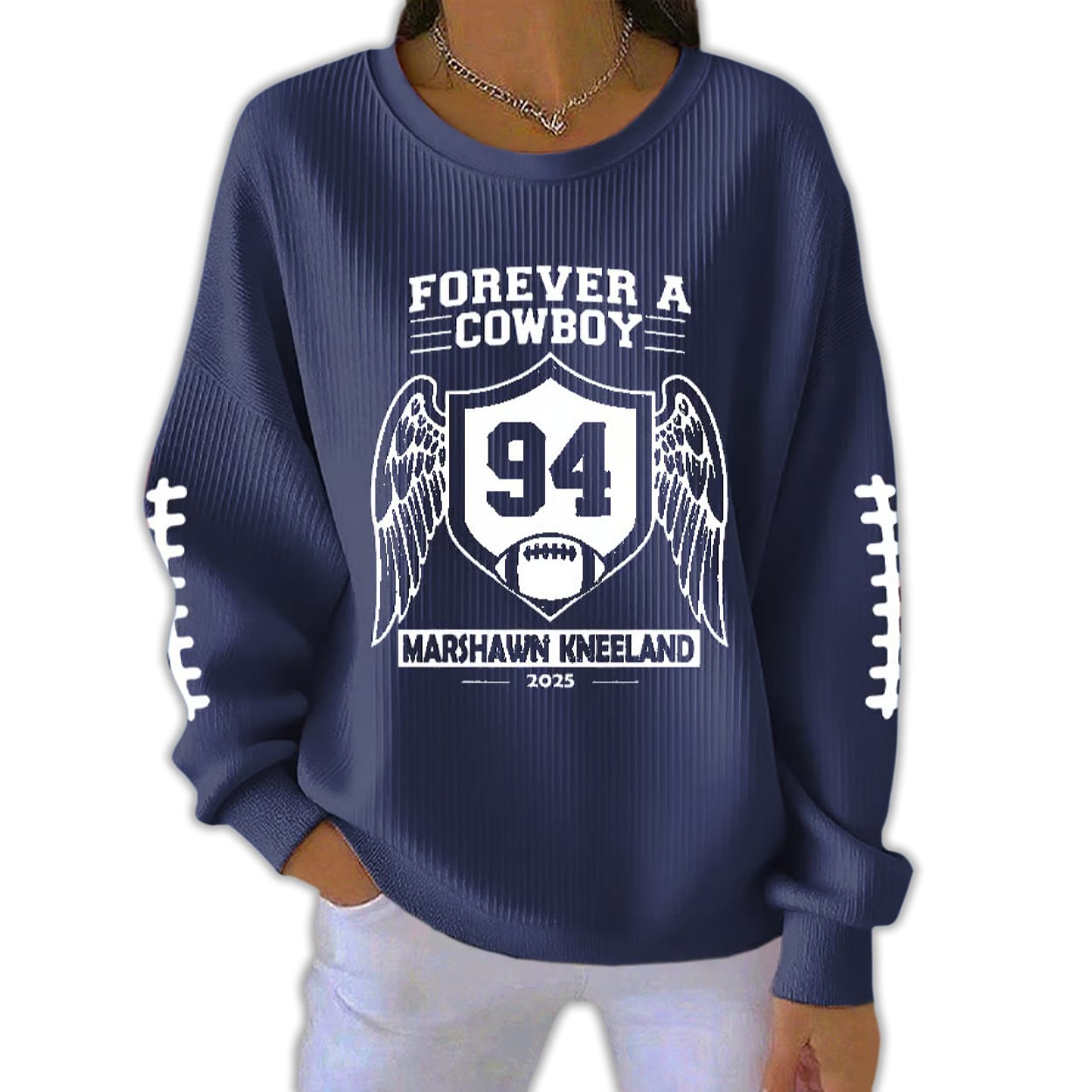 Forever A Cowboy 94 Marshawn Kneeland 2025 Pit Striped Sweatshirt Forever A Cowboy 94 Marshawn Kneeland 2025 Pit Striped Sweatshirt