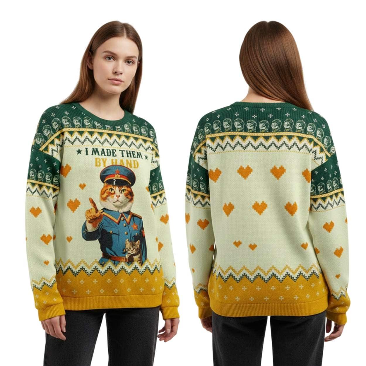Funny Cat I Made Them By Hand Christmas Ugly Sweater