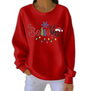 Believe Christmas Print Casual Pit Striped Sweatshirt 1 Believe Christmas Print Casual Pit Striped Sweatshirt1
