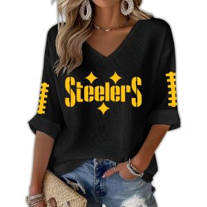 Women's Steelers Football Print Waffle Long Sleeve T Shirt