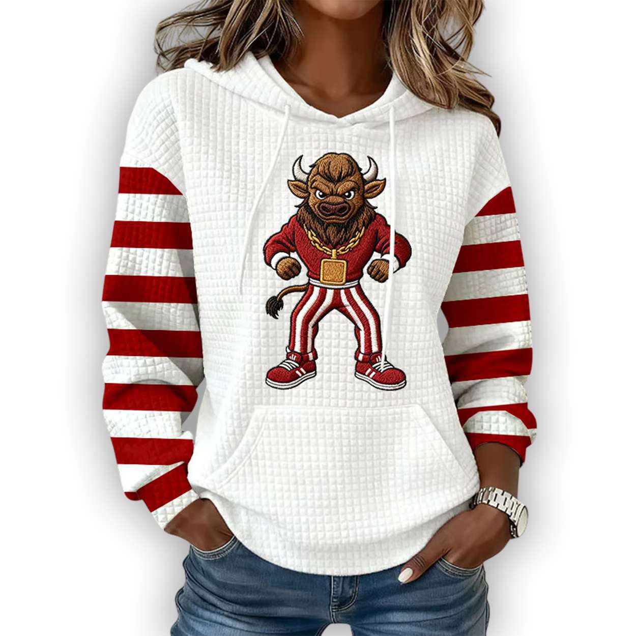 Hoosier the Bison Football Print Waffle Hoodie Hoosier the Bison Football Print Waffle Hoodie