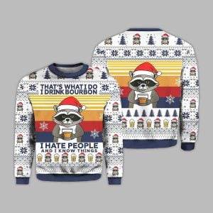 2025 Raccoon Thats What I Do I Drink Bourbon Ugly Christmas Sweater 2