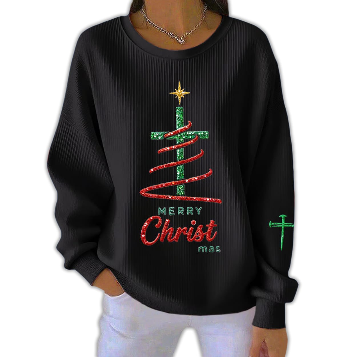 Merry Christmas Faith Print Pit Striped Sweatshirt Merry Christmas Faith Print Pit Striped Sweatshirt