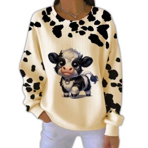 Women'S Cute Animal Cow Print Pit Striped Sweatshirt 1 Women'S Cute Animal Cow Print Pit Striped Sweatshirt