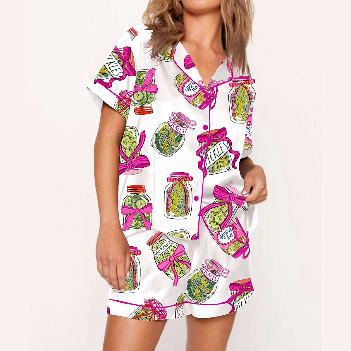 Pickle Lover Pink Bows Satin Pajama Set Pickle Lover Pink Bows Satin Pajama Set