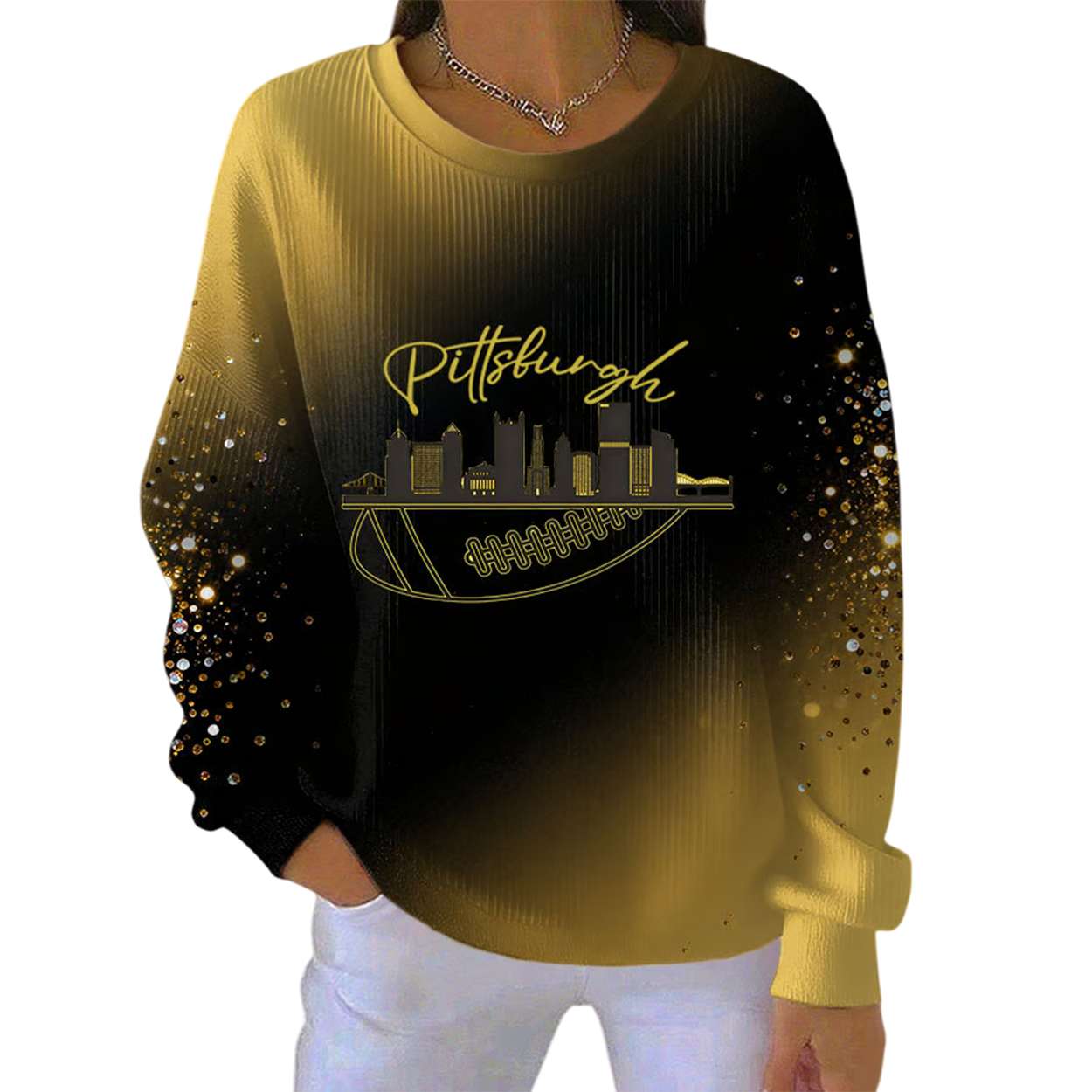 Pittsburgh Football Skyline Print Pit Striped Sweatshirt
