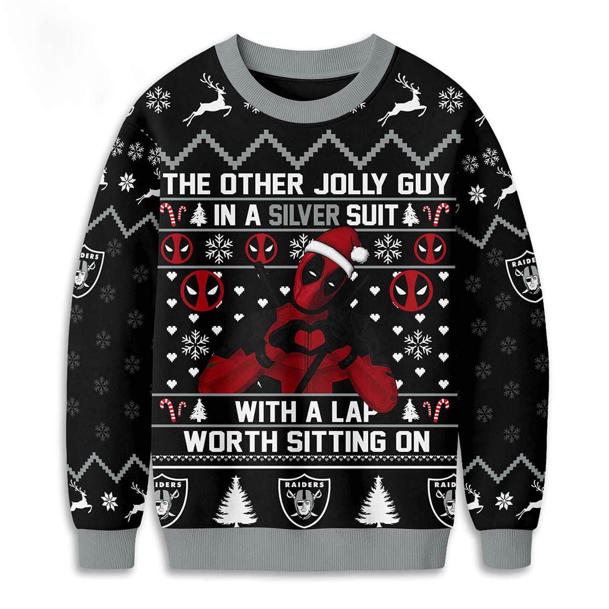 Raiders Deadpool The Other Jolly Guy In A Silver Suit Christmas Ugly Sweater Raiders Deadpool The Other Jolly Guy In A Silver Suit Christmas Ugly Sweater