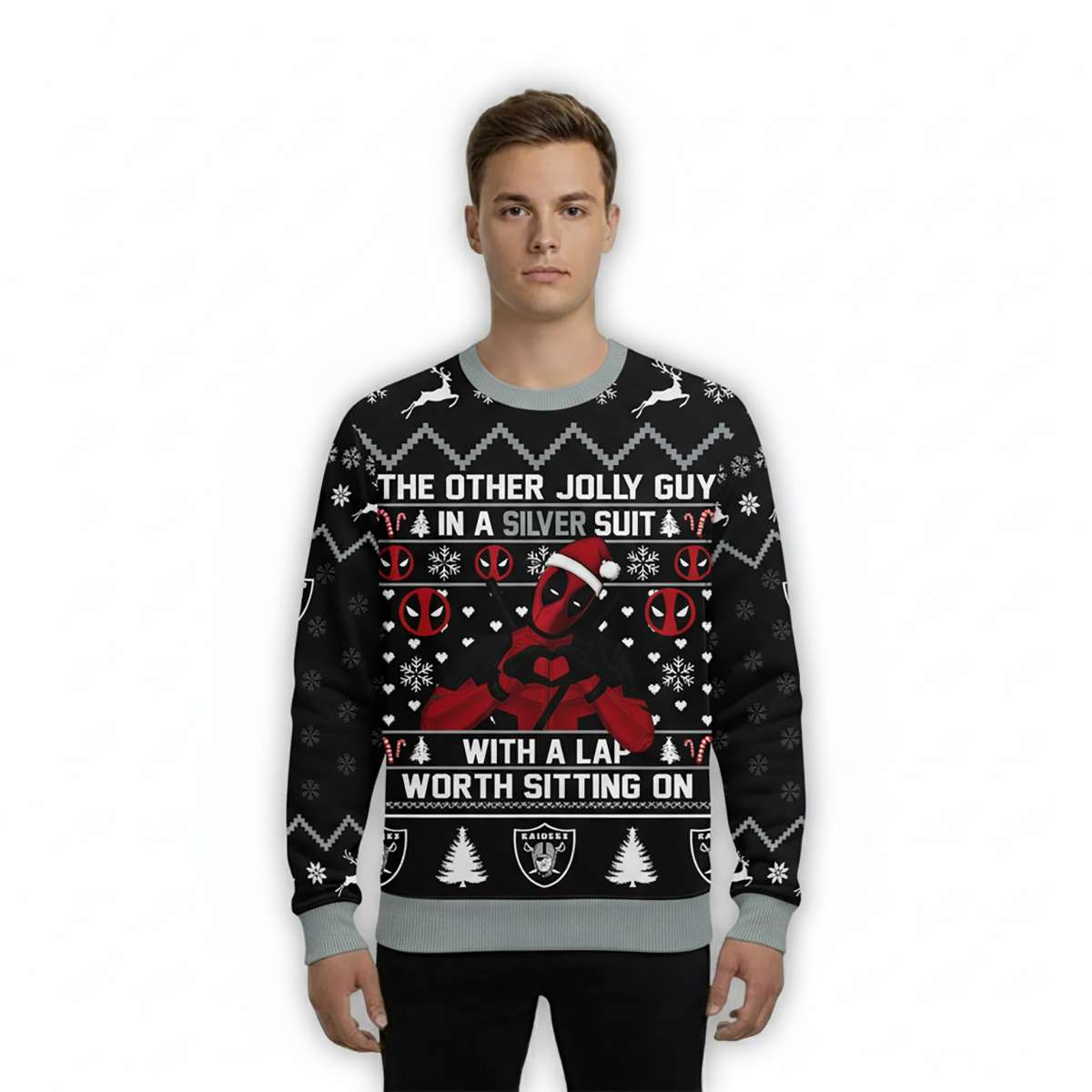 Raiders Deadpool The Other Jolly Guy In A Silver Suit Christmas Ugly Sweater Raiders Deadpool The Other Jolly Guy In A Silver Suit Christmas Ugly Sweater