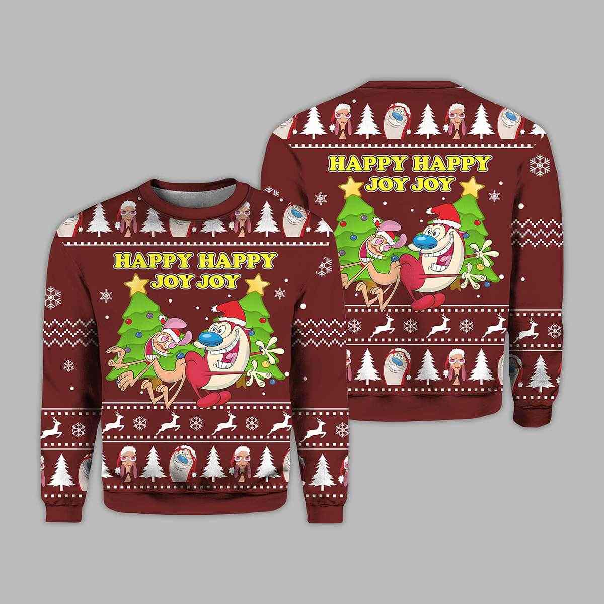 Ren And Stimpy Happy Happy Joy Joy Ugly Christmas Sweater Ren And Stimpy Happy Happy Joy Joy Ugly Christmas Sweater