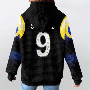 2025 Rams Matthew Stafford 9 Rivalries Midnight Mode Waffle Hoodie 1 2025 Rams Matthew Stafford 9 Rivalries Midnight Mode Waffle Hoodie 3