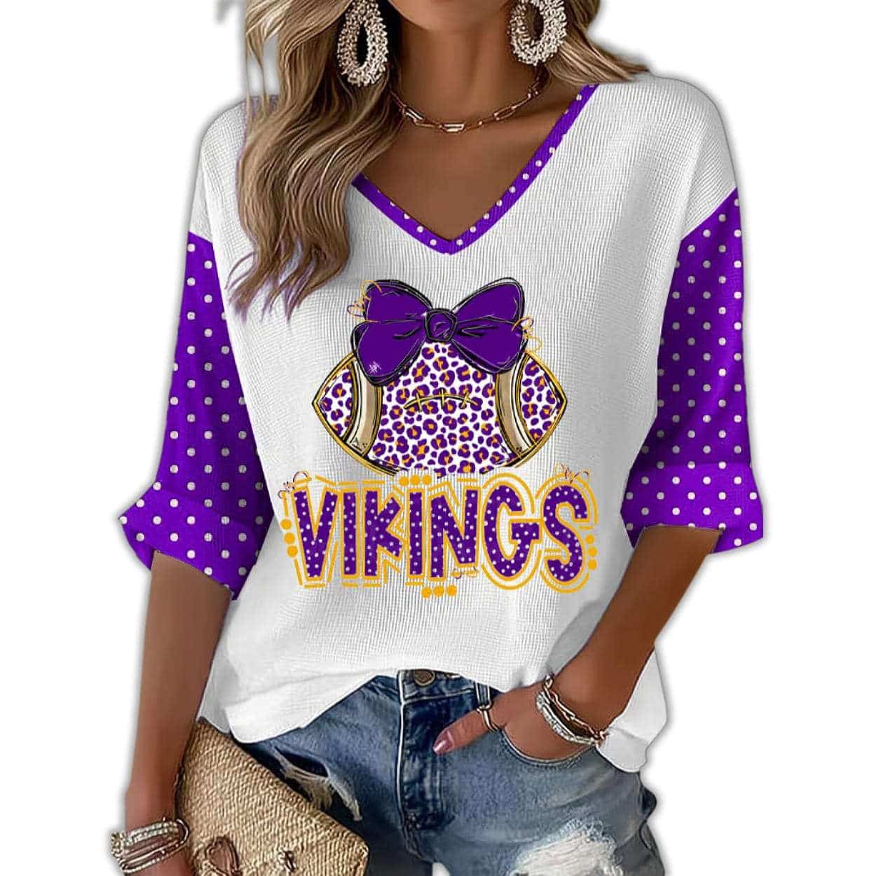 Vikings Leopard Bow Baseball Long Sleeve Waffle T shirt Vikings Leopard Bow Baseball Long Sleeve Waffle T shirt
