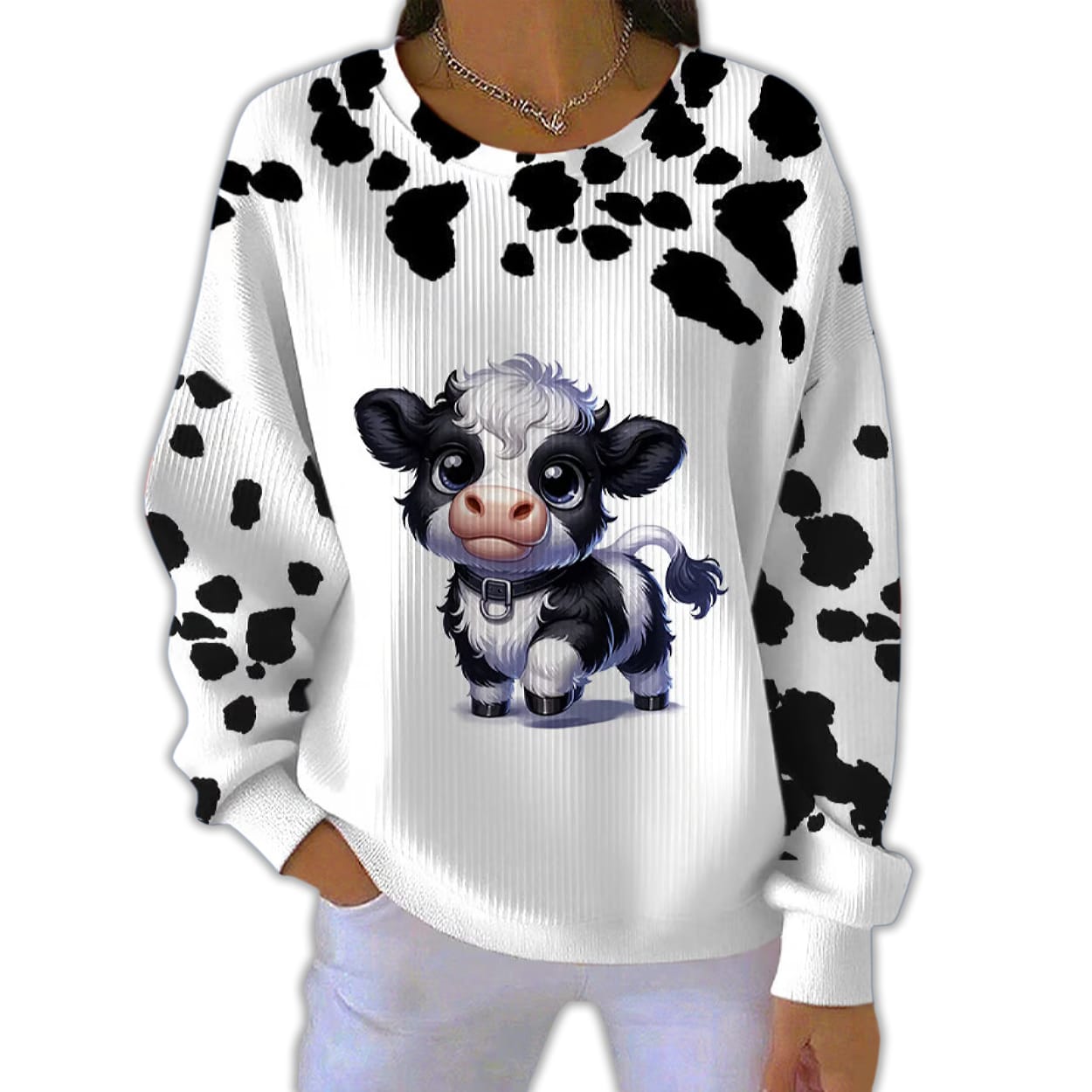 Women'S Cute Animal Cow Print Pit Striped Sweatshirt Women'S Cute Animal Cow Print Pit Striped Sweatshirt