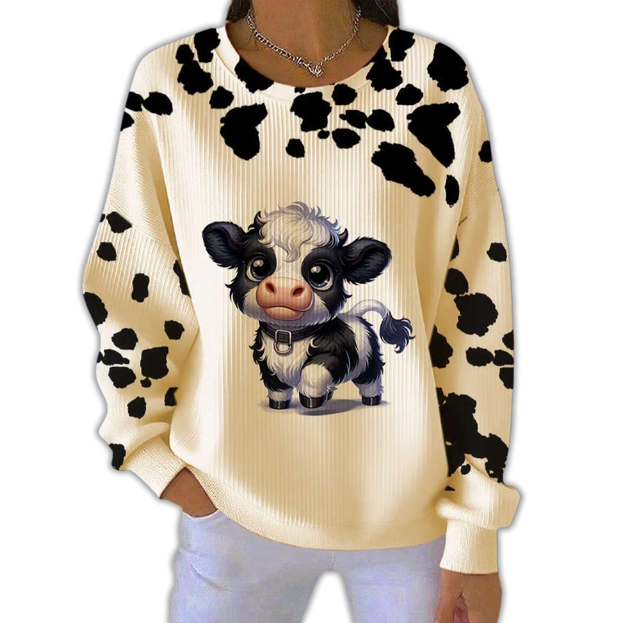 Women’S Cute Animal Cow Print Pit Striped Sweatshirt Women’S Cute Animal Cow Print Pit Striped Sweatshirt