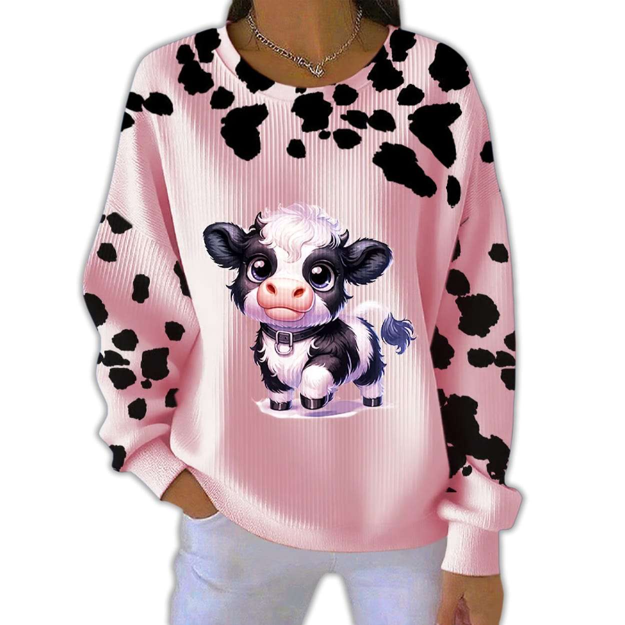 Women’S Cute Animal Cow Print Pit Striped Sweatshirt Women’S Cute Animal Cow Print Pit Striped Sweatshirt