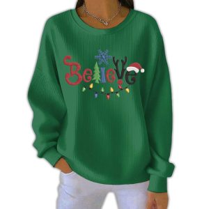 Believe Christmas Print Casual Pit Striped Sweatshirt 3 Believe Christmas Print Casual Pit Striped Sweatshirt3