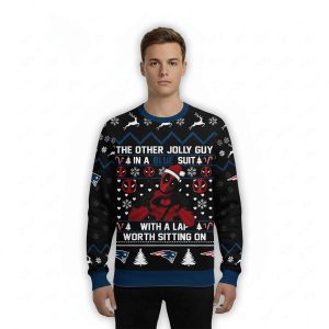 Patriots Deadpool The Other Jolly Guy In A Blue Suit Christmas Ugly Sweater1