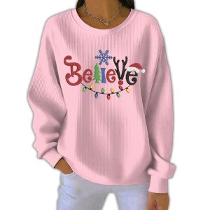 Believe Christmas Print Casual Pit Striped Sweatshirt 2 Believe Christmas Print Casual Pit Striped Sweatshirt2