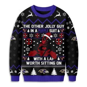 Ravens Deadpool The Other Jolly Guy In A Purple Suit Christmas Ugly Sweater