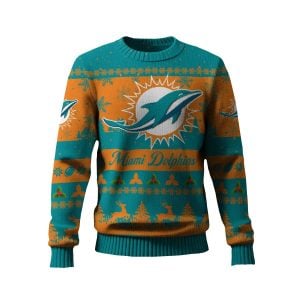 2025 Dolphins Reindeer Christmas Tree Pattern Ugly Sweater