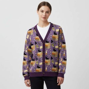 Cozy Autumn Black Cat Reading Unisex Ugly Cardigan Sweaters