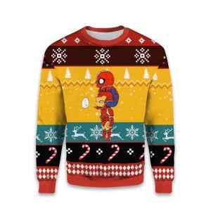 Iron Man Carries Spider Man Christmas Sweater