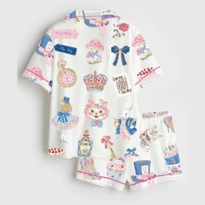 Alice In Wonderland Watercolor Tea Party Satin Pajama Set1