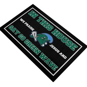 In This House We Praise Jesus and Say Go Green Wave Doormat2