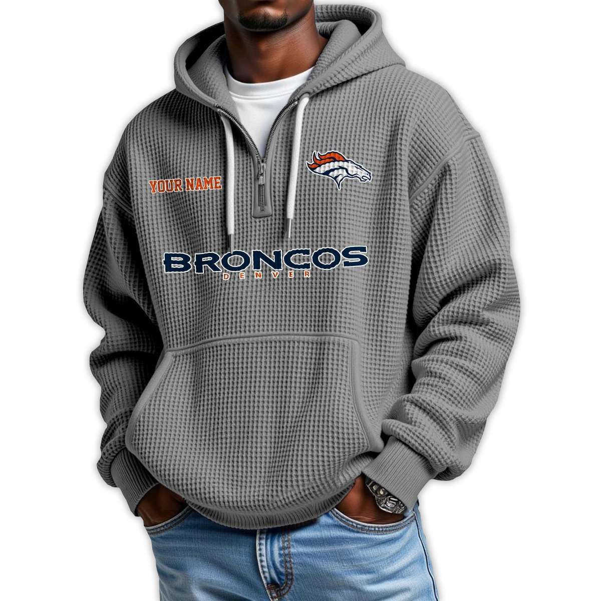 2025 Personalized Broncos Quarter Zip Waffle Hoodie 2025 Personalized Broncos Quarter Zip Waffle Hoodie