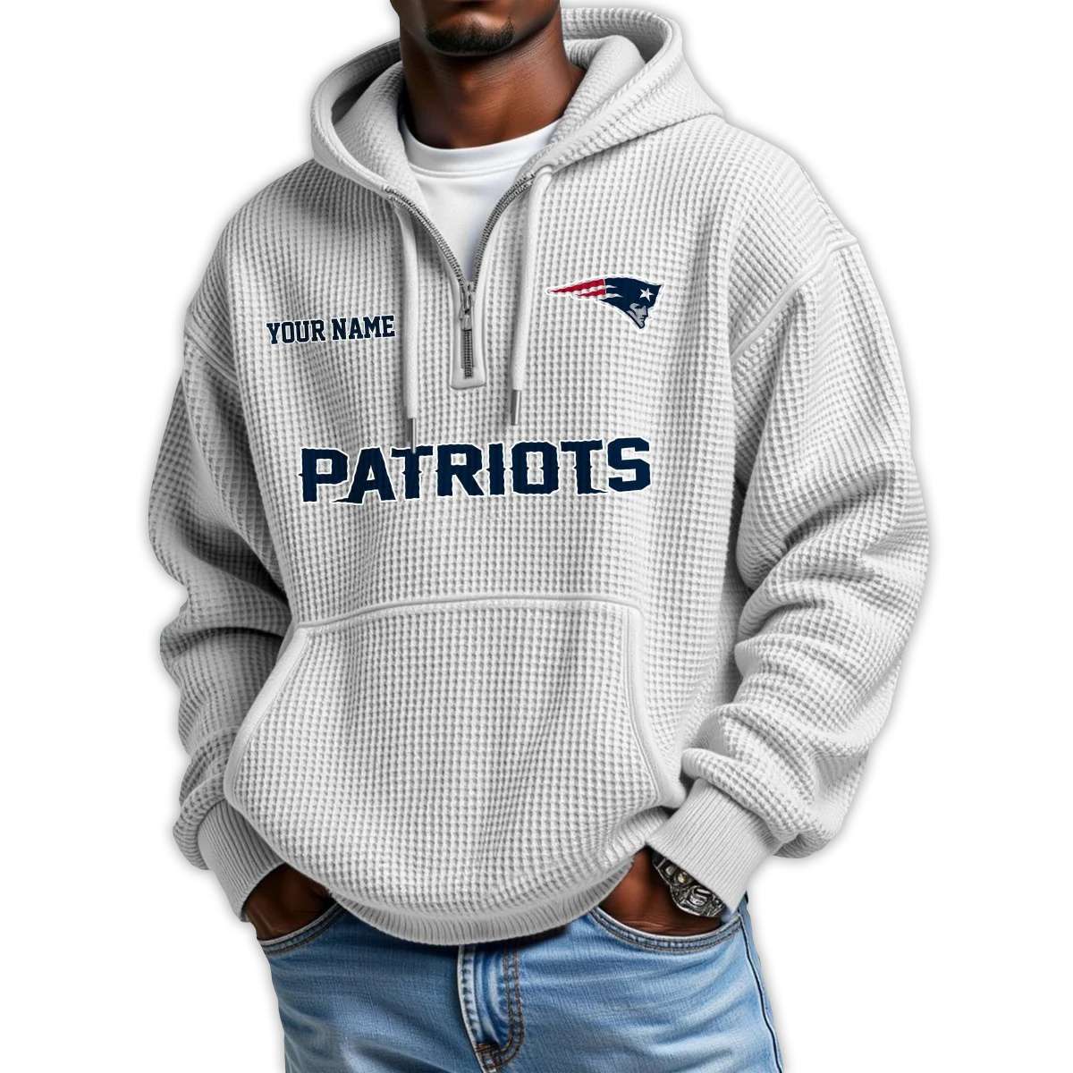 2025 Personalized Patriots Quarter Zip Waffle Hoodie1 2025 Personalized Patriots Quarter Zip Waffle Hoodie
