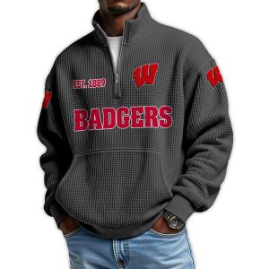 Badgers Football Est 1889 Waffle Stand Collar Half Zip Sweatshirt1