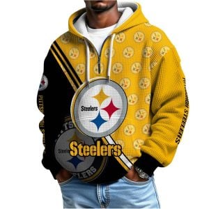 Steelers Here We Go Split Quarter Zip Waffle Hoodie1